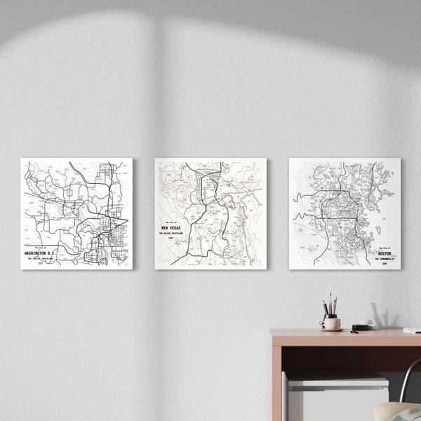 Fallout Map Bundle - Fallout 3, Fallout 4, New Vegas Minimalist Map Wall Art - Gift for Gamer, Video Game Posters, Game Room Decor