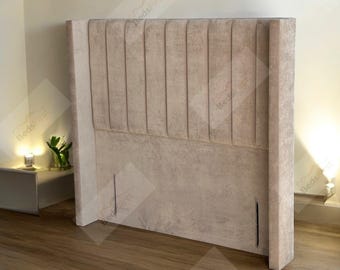 Winged 54” Headboard upholstered floorstanding 3ft 4ft 4ft6 5ft 6ft silver grey blue black pink steel over colour fabric velvet faux leather