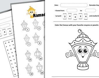 Puede incluir: Un libro de actividades de Ramadán imprimible con portada, un libro de actividades de 39 páginas y un certificado imprimible. El título es en verde y morado, con "Digital Only" en la esquina superior derecha.