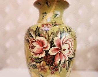 Exquisite, Large, Vintage, Floral Vase. Ceramic with Painted Roses and Gold Rim. Cork Bottom. Stunning Pattern. Curated with Care