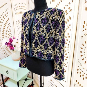 Vintage Rock Concert Patra Petites 100 Percent Black Silk Heavily Beaded Jacket Size PS-Beaded Jacket-Glam Rock Jacket-Concert Jacket-Gift