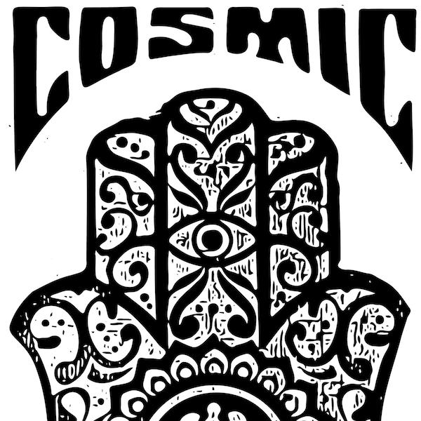DIGITAL DOWNLOAD of Vintage Distressed Hamsa Hand Image with Words 'Cosmic Protection' - svg and pdf Screenprint Digital Files included