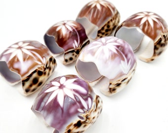 Shell Napkin Rings-Beautifully Hand Carved Floral Design-Tiger Cowrie Shell-Unique-Vintage-Set of 6. Curated with Care.