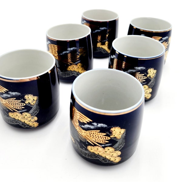 Japanese Eagle Tea Cups-Porcelain-Cobalt Blue and Gold-White Inside. Set of 6. Vintage. Curated with Care.