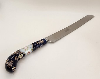 Cobalt Blue, Porcelain Handle, Prill Sheffield England Slicing Knife. Hand Painted Flowers on the Handle. Stainless Steel Blade. Vintage