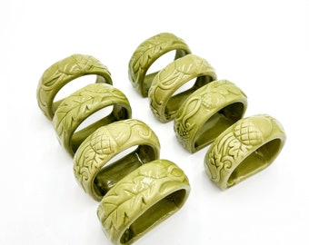 Napkin Rings-Green Ceramic-Stylish-Vintage-Acorn and Leaf Pattern. Set of 8. Curated with Care. Used.