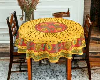 Provence Red & Yellow Sunflower Round Tablecloth | Bright colors Table Cover | Provence Rustic Tabletop | Home Décor Linens Gift