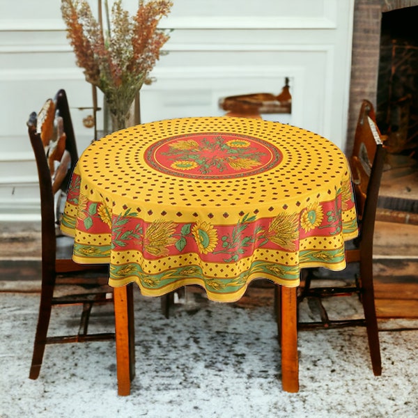 Provence Red & Yellow Sunflower Round Tablecloth | Bright colors Table Cover | Provence Rustic Tabletop | Home Décor Linens Gift