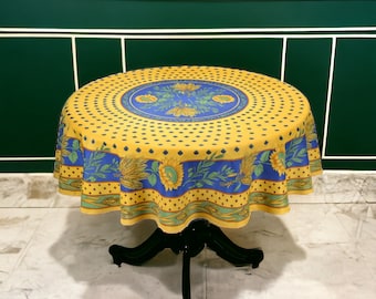 Provence Blue & Yellow Sunflower Round Tablecloth | Bright colors Table Cover | Provence Rustic Tabletop | Home Décor Linens Gift