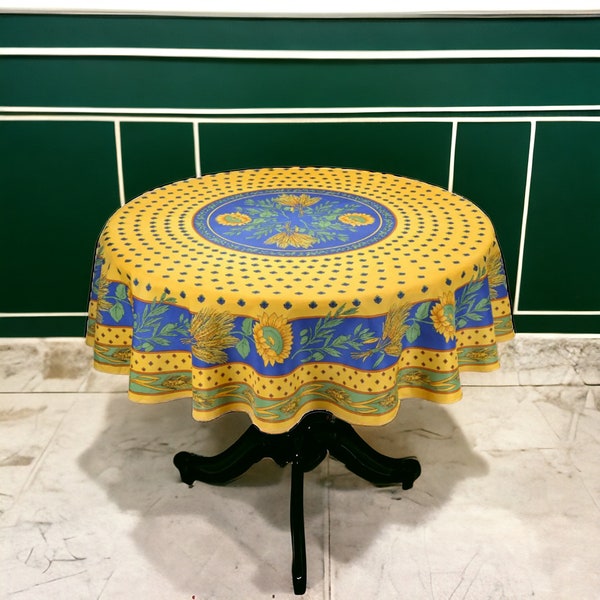 Provence Blue & Yellow Sunflower Round Tablecloth | Bright colors Table Cover | Provence Rustic Tabletop | Home Décor Linens Gift