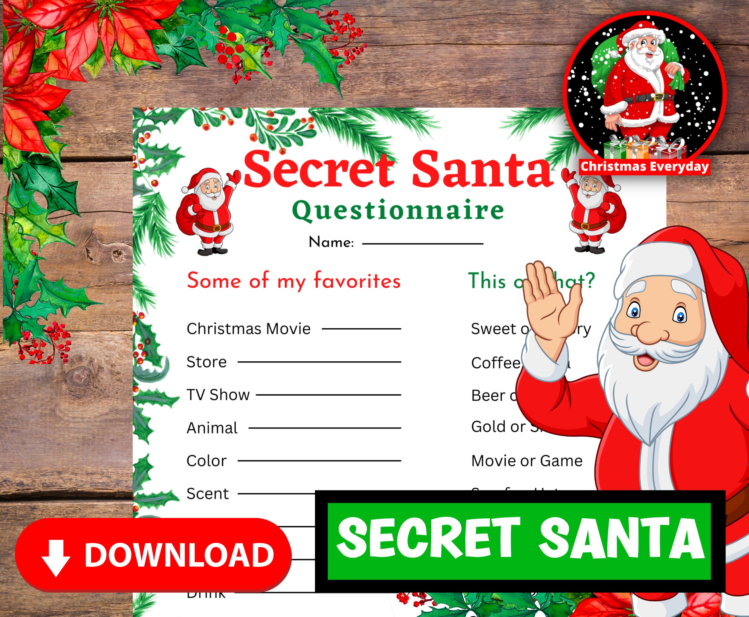 Secret Santa Printable, Secret Santa Questionnaire, Secret Santa PDF