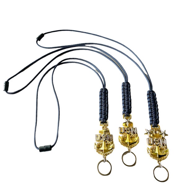 USN E7/E8/E9 Gold Anchor with Navy Blue paracord lanyard.