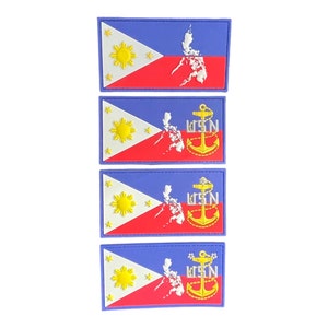 May include: Four rectangular patches featuring the flag of the Philippines. The top half is blue, the bottom half is red, with a white triangle, a yellow sun, and three stars. Two patches include a map outline, anchor, and the letters "USN".