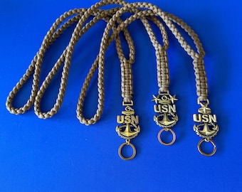 USN E7/E8/E9 Antique Gold Anchor with Coyote Brown Paracord Neck Lanyard.