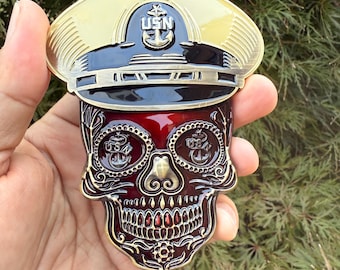 4” Sugar Skull Candy Red Senior Chief Petty Officer Tribal Anchor Challenge Coin.