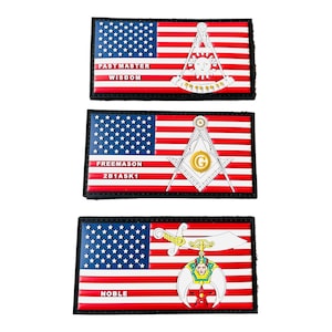 May include: Three embroidered patches with an American flag design. The top patch says "Past Master Wisdom", the middle patch says "Freemason 2B1ASK1", and the bottom patch says "Noble".
