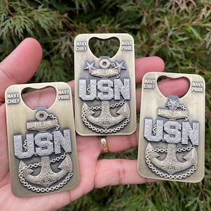 A gift for your Sponsor. 3” Chief, Senior Chief and Master Chief Bottle Opener/Coin Antique Nickel with Tribal Anchors