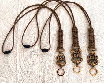 USN E7/E8/E9 Antique Gold Anchors with Coyote Brown Paracord Lanyard.