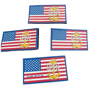 May include: Four blue and red American flag patches with a gold anchor and the text "USN" in silver. One patch has the additional text "CLASS 130 FY 24".