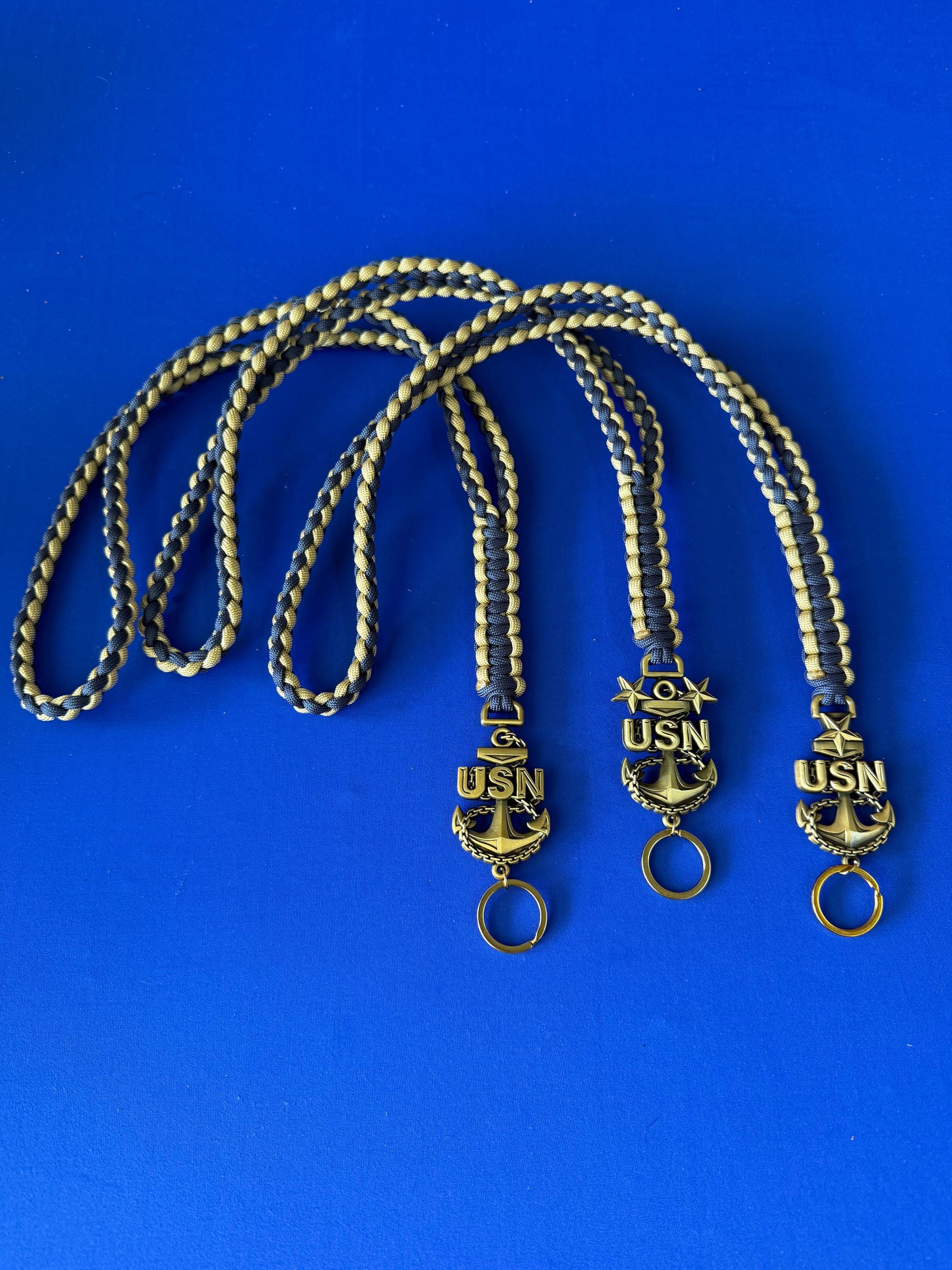 USN E7/E8/E9 Antique Gold Anchor with 2 Color (Navy Blue and Gold) Paracord Neck Lanyard.