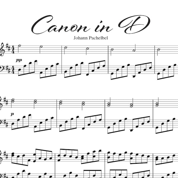 Canon in D Noten für Klavier Schüler Canon in D PDF Klassische Hochzeitsmusik Digitaler Download Komplettes Klavierarrangement Von Johann Pachelbel