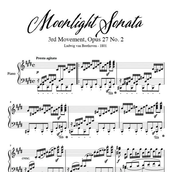 Moonlight Sonata 3rd Movement PDF Classical Sheet Music Advanced Piano Arrangement by Ludwig van Beethoven Digital Download Beethoven PDF