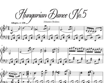 Hungarian Dance No. 5 Sheet Music Full Piano Arrangement by Johannes Brahms Digital Download