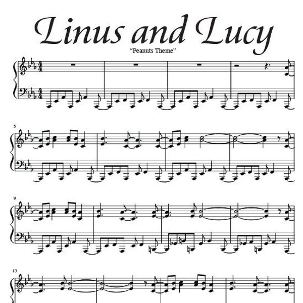 Linus and Lucy "Peanuts Theme" Piano Sheet Music Full Piano Arrangement Digital Download