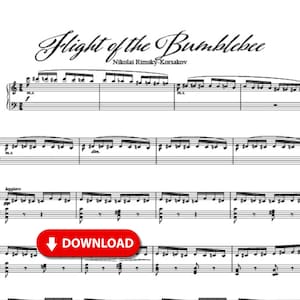 Peut inclure: Partition de piano pour la pièce classique "Le Vol du Bourdon" de Nikolaï Rimski-Korsakov. La musique est écrite en notation standard avec une clé de sol et une clé de fa.