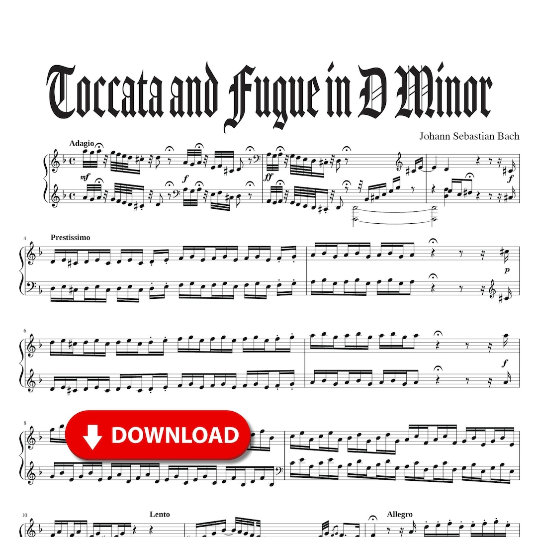 Bach Toccata and Fugue in D Minor: Full Piano Sheet Music (digital
