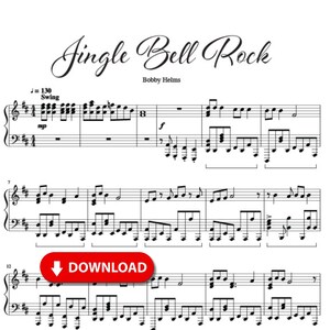 Może przedstawiać: Nuty do "Jingle Bell Rock" Bobby'ego Helmsa. Nuty na białym tle. Czerwony przycisk "DOWNLOAD" na dole. Tytuł jest napisany kursywą.