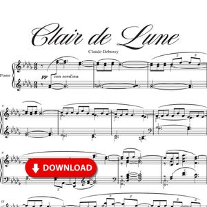 Clair de Lune Bladmuziek piano Afdrukbare pdf Debussy eenvoudig tot gemiddeld solo romantisch klassiek stuk - digitale download