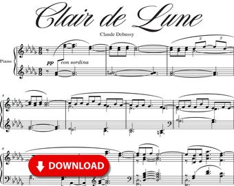 Clair de Lune Piano Sheet Music: Debussy, Easy-Intermediate (Digital Download)