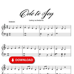 May include: Sheet music for "Ode to Joy" by Ludwig van Beethoven. The music is written in a standard piano format with treble and bass clefs. The title is written in cursive script.