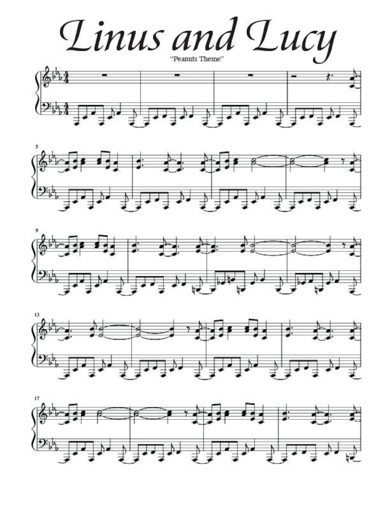 Linus and Lucy Peanuts Theme Piano Sheet Music Full Piano Arrangement Digital Download image 1