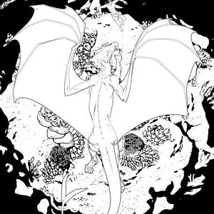 Könnte beinhalten: Eine Schwarzweiß-Zeichnung einer geflügelten Kreatur mit einem langen Schwanz, die auf einer felsigen Oberfläche steht. Die Kreatur hat einen menschenähnlichen Körper und eine lange, spitze Schnauze. Die Flügel sind weit ausgebreitet, und die Kreatur scheint im Flug zu sein.