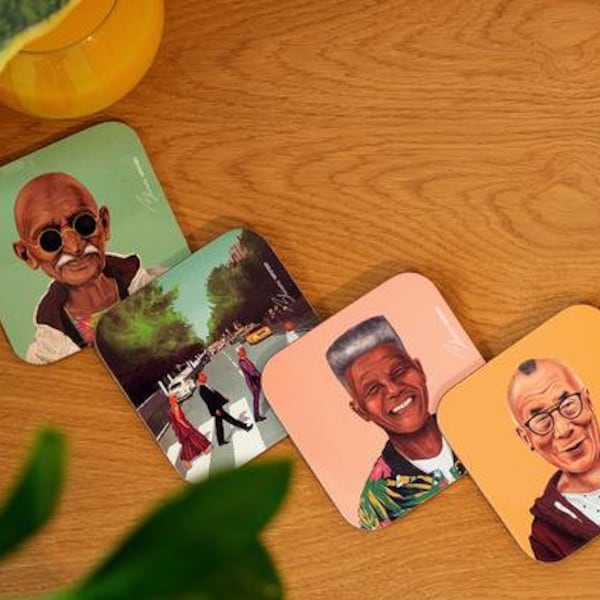 5 Activist Pack Hipster pop art iconique Drink Cork Coaster Humorous Novelty Gifts Iconic Historic Figures, Gandhi, Nelson Mandela, Dalai Lama