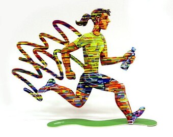 David Gerstein | Jogger marathon female sculpture - Pop Art | Female Runner | Racer Metal Print Sculpture | Free Standing Double Sided Art