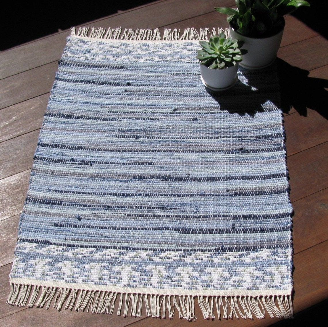 Handwoven rag rug decorative blue and white border with Etsy