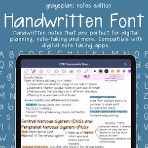 May include: A digital notebook screen displaying handwritten notes about the anatomy of muscles and the central and peripheral nervous systems. The notes are organized in a grid format with headings and subheadings. The screen is on a laptop computer.