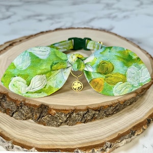 May include: A green and white floral patterned bow tie with a gold shamrock charm. The bow tie is tied around a green collar.