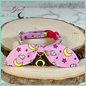 Cat Collar | Moon Bow Tie Collar | Breakaway Collar | Small Dog Collar | Celestial Pet Collar | Moon Charm | Crescent Moon Collar