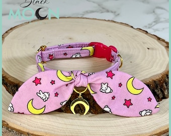 Cat Necklace | Moon Bow Tie Necklace | Breakaway Necklace | Small Dog Collar | Celestial Pet Collar | Moon Charm | Crescent Moon Necklace
