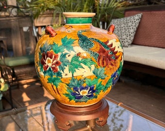 Vintage Hand-Painted Kutani 9" Tall Peacock Vase with Wooden Base - Mint Condition - Large Vase Home Decor
