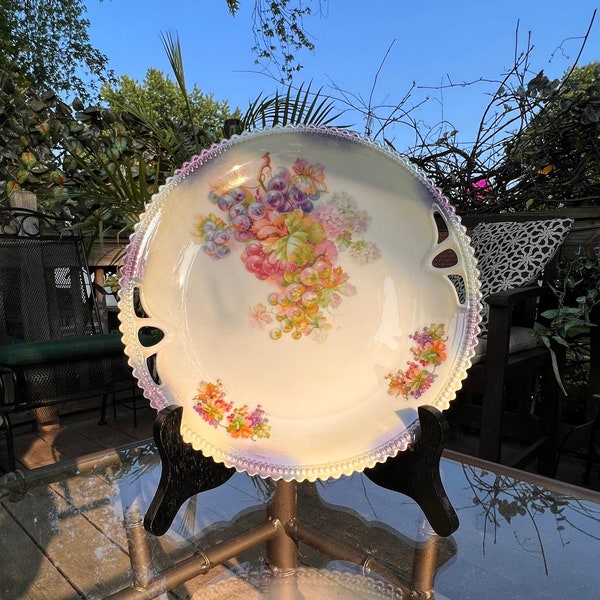 9" P.K. Silesia Grapes & Flowers Open Handle Serving Plate | Beautiful Colorful Iridescent Cake Plate | Mint Condition | Free Shipping