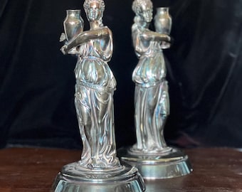 Pair of Reed & Barton 10.5” Silverplate Decanters | Art Nouveau | Classical Woman holding Vase Wine Decanters No. 01365