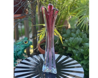 Large 16” Tall Fading Pink Murano Sommerso Vase | Mid Century Modern Glass Cranberry Bud Vase