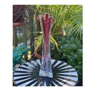 Große 16 ”große Fading Pink Murano Sommerso Vase | Mid Century Modern Glass Cranberry Knospe Vase