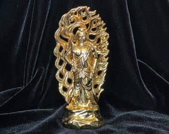 Gold Plated Fudō Myō-ō Figurine | 4" Tall Buddhist Lord Of Light | Made in Japan