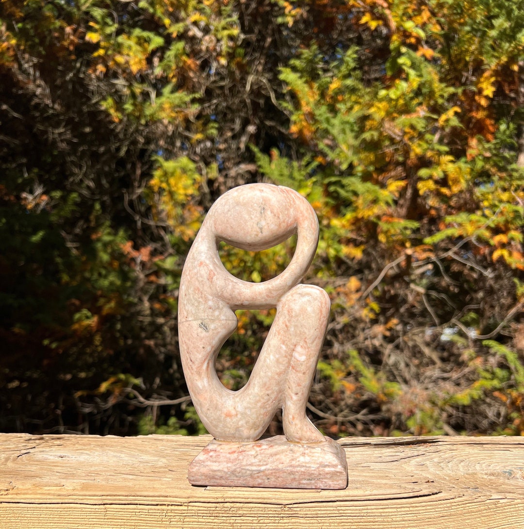 Midmodern Pink Soapstone Sculpture Woman Deep in Thought Etsy